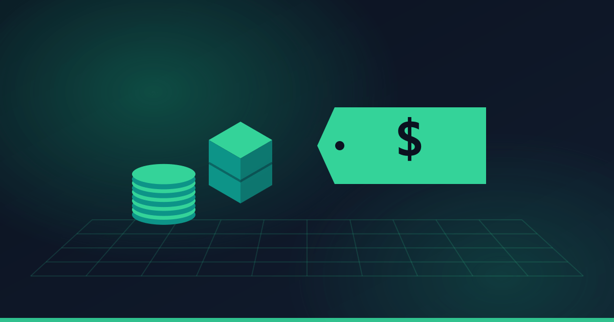 Illustration of a printed part beside a price tag and a stack of coins, in the 3DprintLB green and cyan palette.