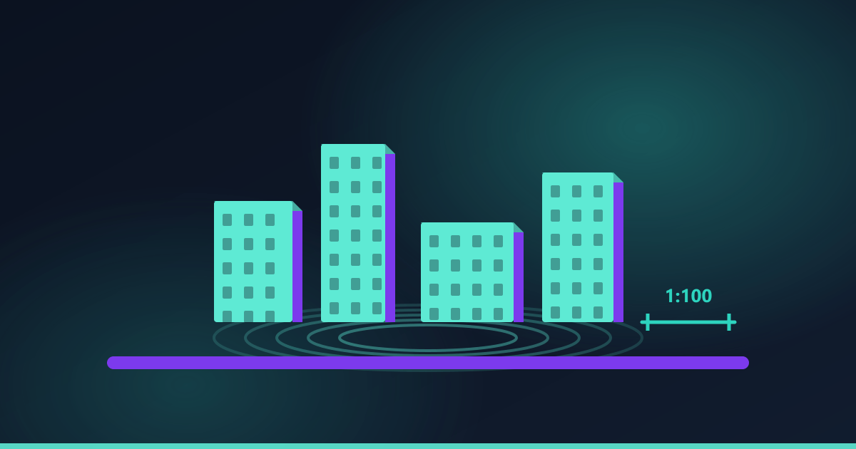 Illustration of a printed massing model of several buildings on a contoured site base.