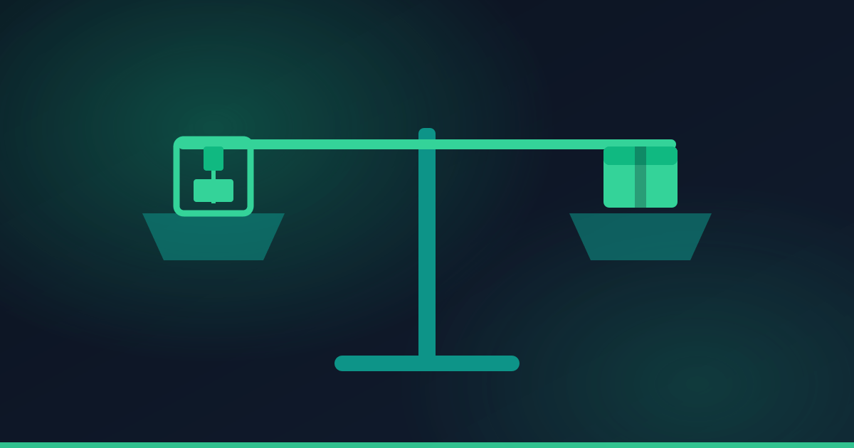 Illustration of a balance scale weighing a desktop 3D printer against a delivered parcel.