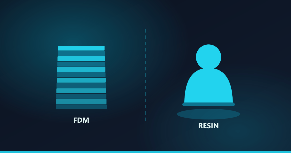Illustration comparing a layered filament part with a smooth resin-printed figure.