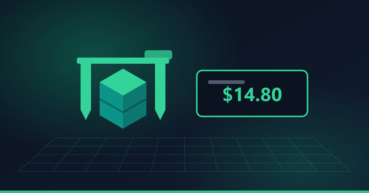 Illustration of a part being measured by calipers next to a live price readout.