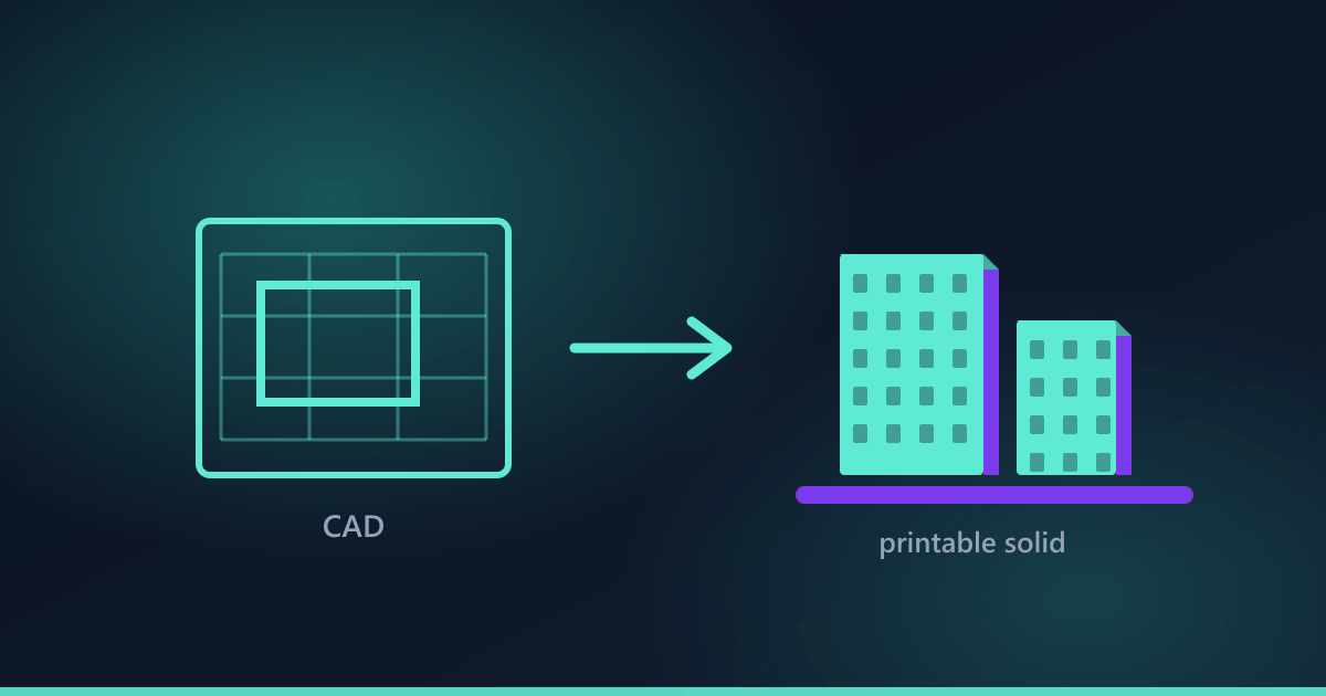 Illustration of a building model moving from a drawing view to a solid printable mesh.